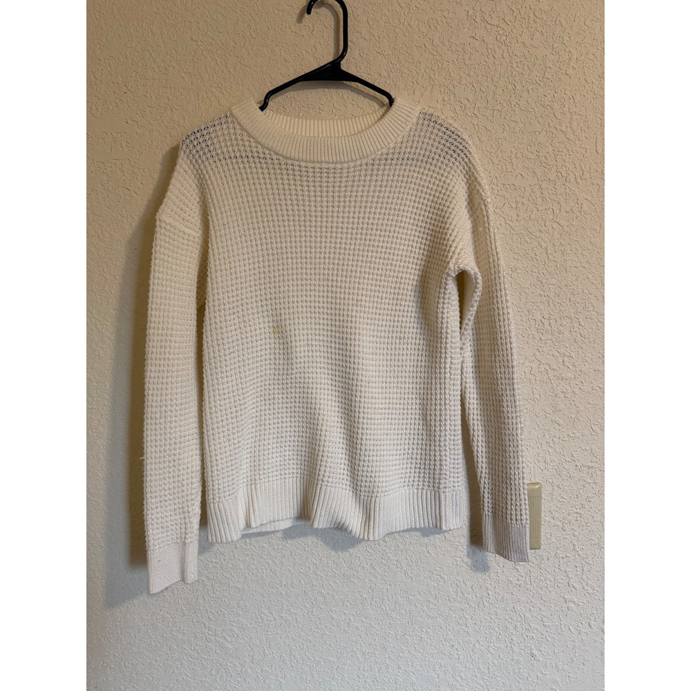 Time and Tru Womens Waffle Knit Sweater Cream Recycled Polyester Crew Neck S 4-6
